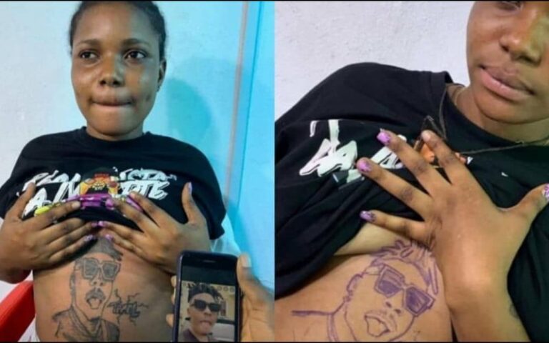 Photos: Massive Reactions As Lady Tattoos Singer Mayorkun’s Face On Her Stomach