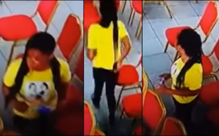 Video: Young Beautiful Lady Caught On Camera Stealing A Mobile Phone In Church
