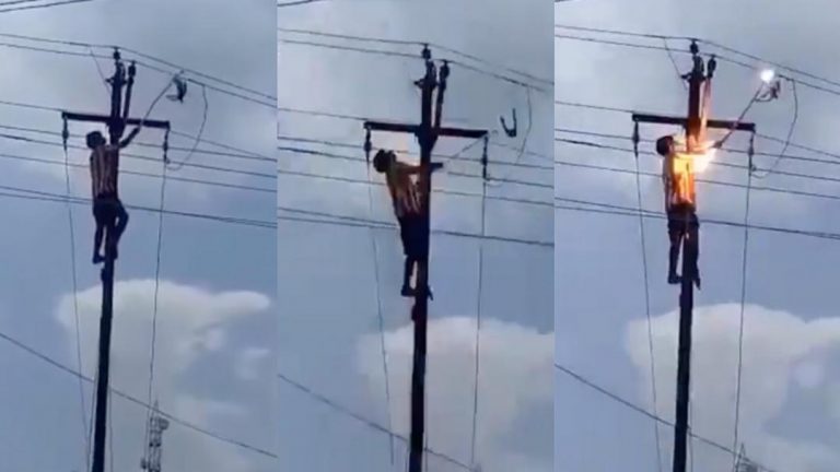 VIDEO: Sad Moment Young Man Got Electrocuted To Death While Trying To Save Bird Caught On High Tension Electric Pole