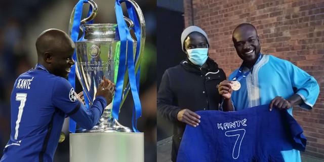 N’Golo Kante Flashes Warm Smile As He Receives Customized Smock From A Ghanaian After Chelsea’s Champions League Victory