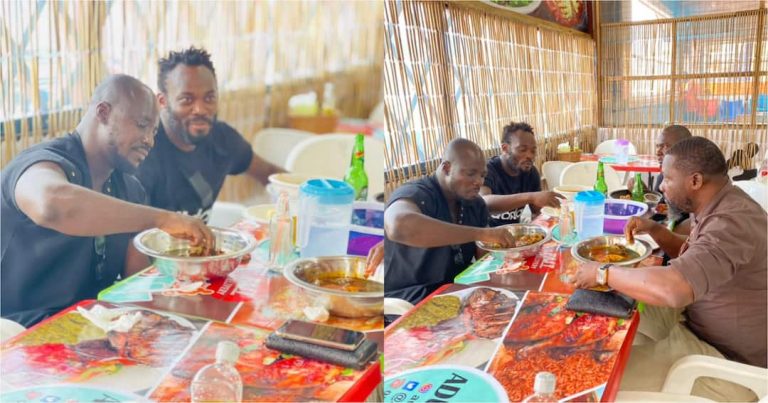 Photos Of Stephen Appiah And Michael Essien Eating TZ At ‘Chop Bar’ Go Viral