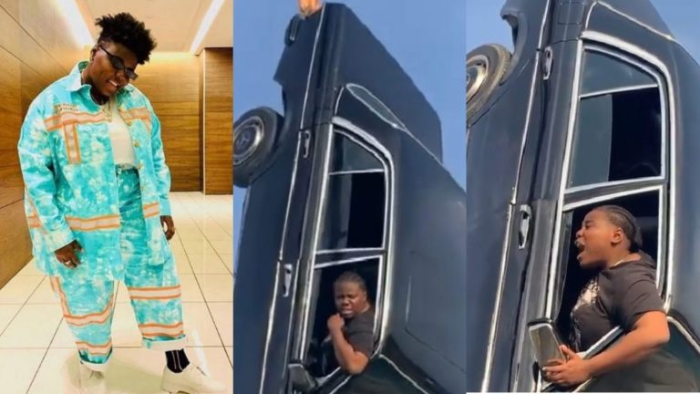 ‘Na Video I Say I Wan Shoot’ – Teni Cries Out As Video Director Suspends Her On A Car During Video Shoot (Video)
