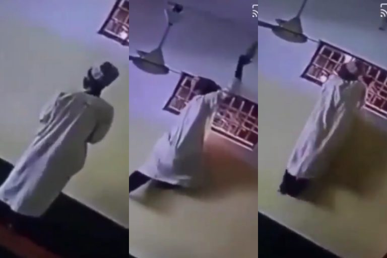Moment Man Was Caught On Camera Stealing Light Bulb From A Mosque After Praying (Video)