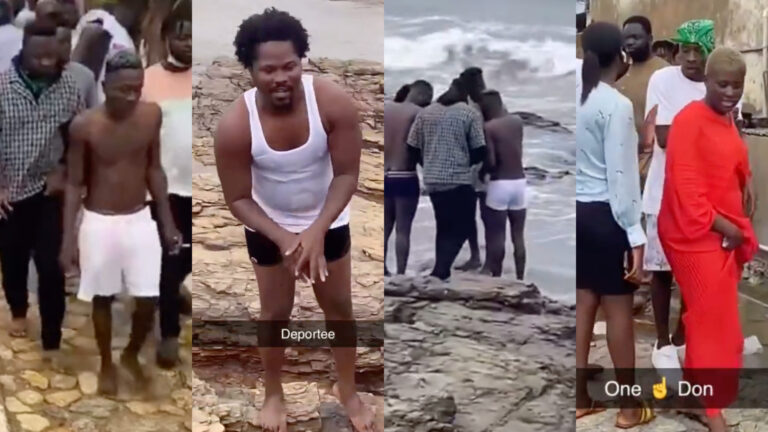 VIDEO: Shatta Wale, Medikal & Two Accomplices Perform Self-Cleansing Ritual At The Sea After Court Bail