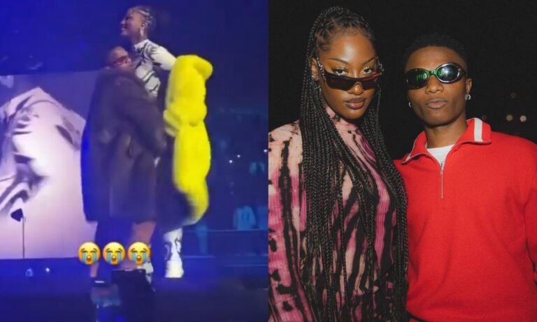 VIDEO: Tems Embarrassed Wizkid By Pushing Him Away When He Tried To Smooch Her On Stage