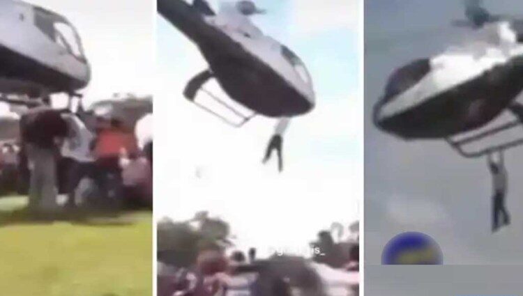 VIDEO: Man On The Verge Of Losing His Life As Helicopter Unexpectedly Carries Him Away In The Midst Of A Crowd