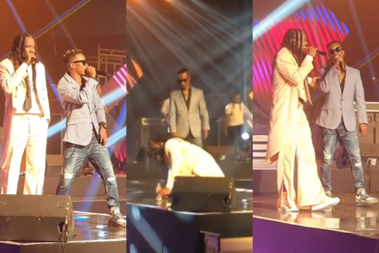 Moments Samini Went On His Knees After KK Fosu Surprised Him On Stage At His #XperienceConcert (Video)