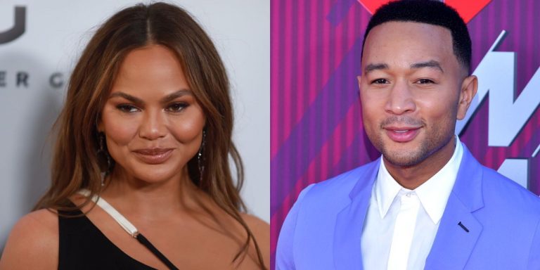 Pregnant Chrissy Teigen Cradles Her Baby Bump In Gold Maxi Dress As She Poses With John Legend