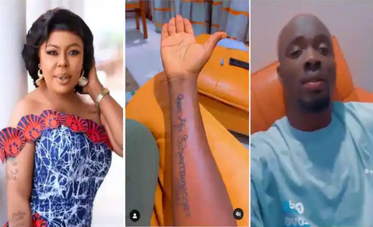 ‘Ofui, You Don’t Have Any Future’ – Reactions As Afia Schwar’s Die-Hard Fan Tattooes Her Name On His Forearm (Video)